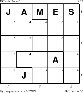 The grouppuzzles.com Difficult James puzzle for Sunday June 7, 2026 with all 5 steps marked