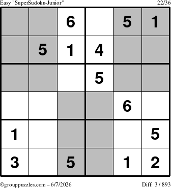 The grouppuzzles.com Easy SuperSudoku-Junior puzzle for Sunday June 7, 2026