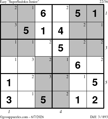 The grouppuzzles.com Easy SuperSudoku-Junior puzzle for Sunday June 7, 2026, suitable for printing, with all 3 steps marked