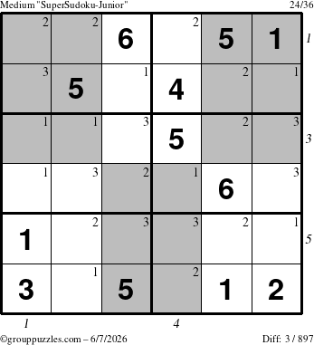 The grouppuzzles.com Medium SuperSudoku-Junior puzzle for Sunday June 7, 2026 with all 3 steps marked