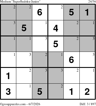 The grouppuzzles.com Medium SuperSudoku-Junior puzzle for Sunday June 7, 2026 with the first 3 steps marked