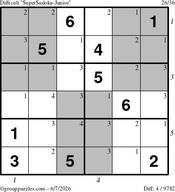 The grouppuzzles.com Difficult SuperSudoku-Junior puzzle for Sunday June 7, 2026, suitable for printing, with all 4 steps marked