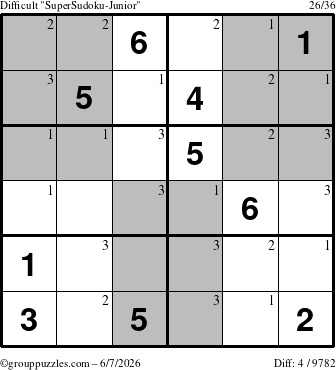 The grouppuzzles.com Difficult SuperSudoku-Junior puzzle for Sunday June 7, 2026 with the first 3 steps marked