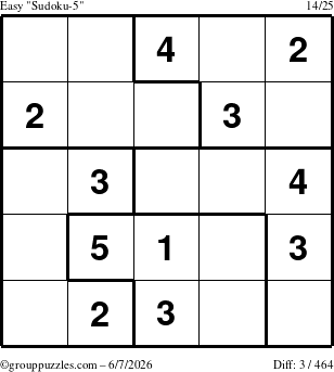 The grouppuzzles.com Easy Sudoku-5 puzzle for Sunday June 7, 2026