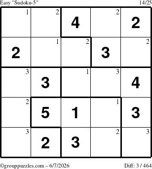 The grouppuzzles.com Easy Sudoku-5 puzzle for Sunday June 7, 2026 with the first 3 steps marked
