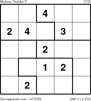 The grouppuzzles.com Medium Sudoku-5 puzzle for Sunday June 7, 2026