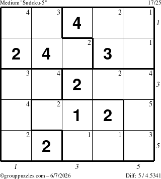 The grouppuzzles.com Medium Sudoku-5 puzzle for Sunday June 7, 2026, suitable for printing, with all 5 steps marked