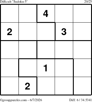 The grouppuzzles.com Difficult Sudoku-5 puzzle for Sunday June 7, 2026