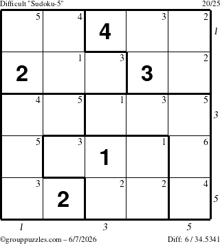 The grouppuzzles.com Difficult Sudoku-5 puzzle for Sunday June 7, 2026, suitable for printing, with all 6 steps marked