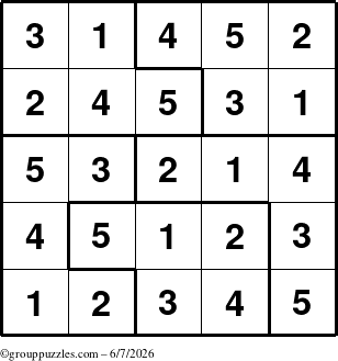 The grouppuzzles.com Answer grid for the Sudoku-5 puzzle for Sunday June 7, 2026