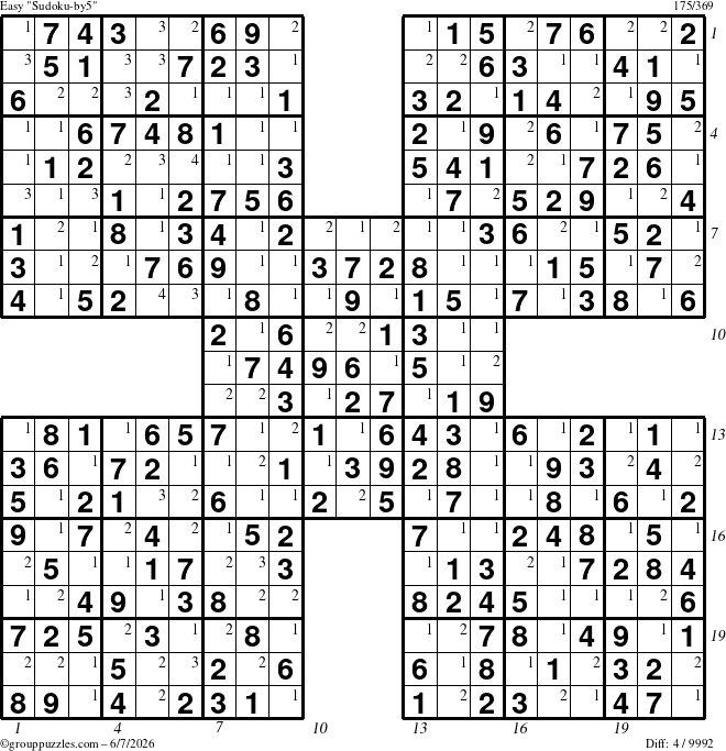 The grouppuzzles.com Easy Sudoku-by5 puzzle for Sunday June 7, 2026, suitable for printing, with all 4 steps marked