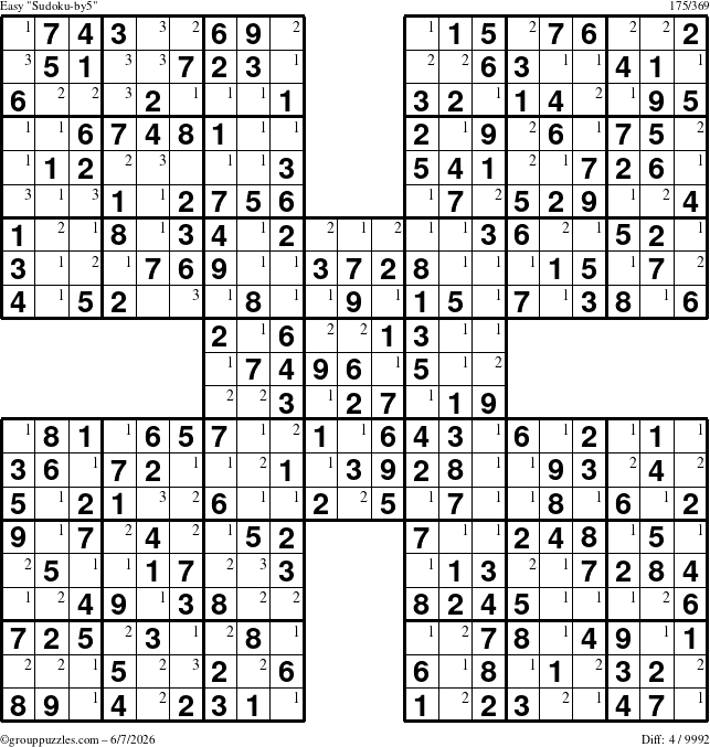 The grouppuzzles.com Easy Sudoku-by5 puzzle for Sunday June 7, 2026 with the first 3 steps marked