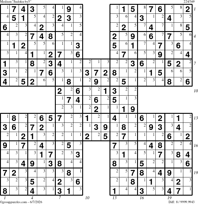 The grouppuzzles.com Medium Sudoku-by5 puzzle for Sunday June 7, 2026 with all 8 steps marked