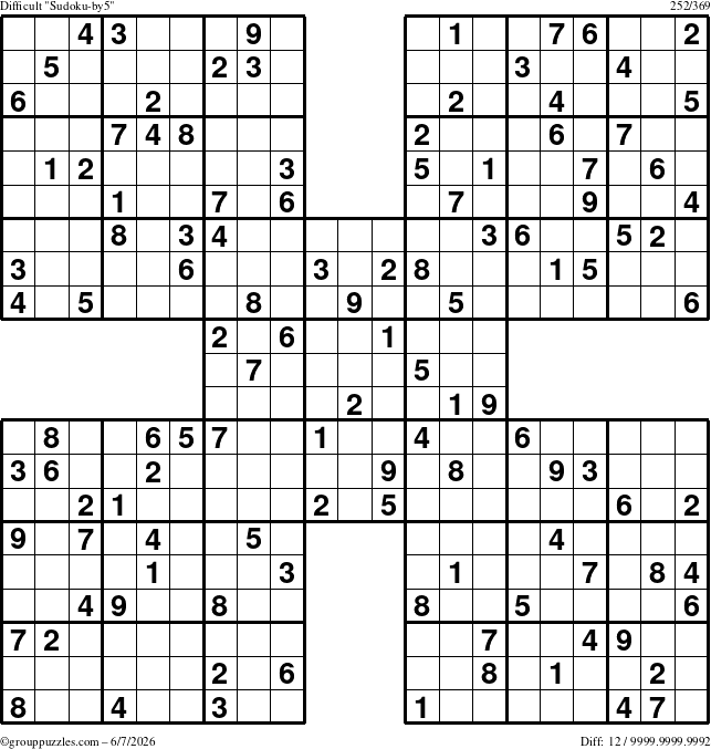 The grouppuzzles.com Difficult Sudoku-by5 puzzle for Sunday June 7, 2026