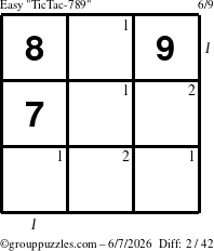 The grouppuzzles.com Easy TicTac-789 puzzle for Sunday June 7, 2026 with all 2 steps marked