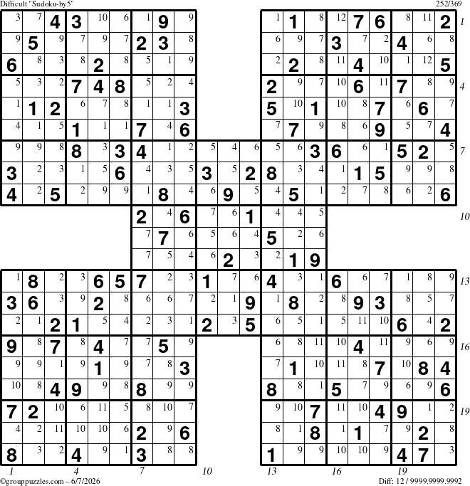 The grouppuzzles.com Difficult Sudoku-by5 puzzle for Sunday June 7, 2026, suitable for printing, with all 12 steps marked