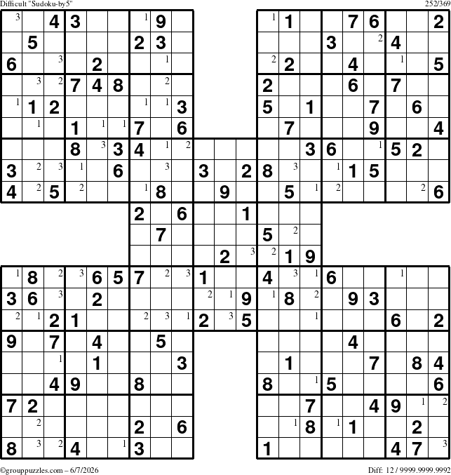 The grouppuzzles.com Difficult Sudoku-by5 puzzle for Sunday June 7, 2026 with the first 3 steps marked