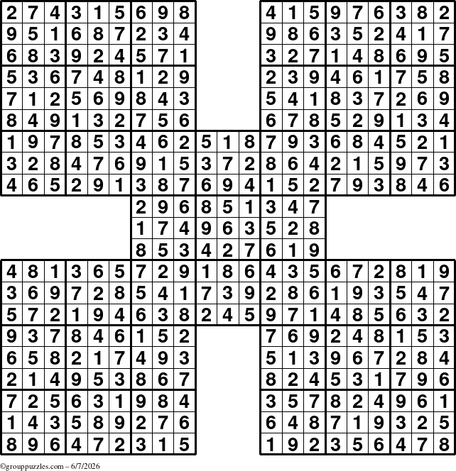 The grouppuzzles.com Answer grid for the Sudoku-by5 puzzle for Sunday June 7, 2026