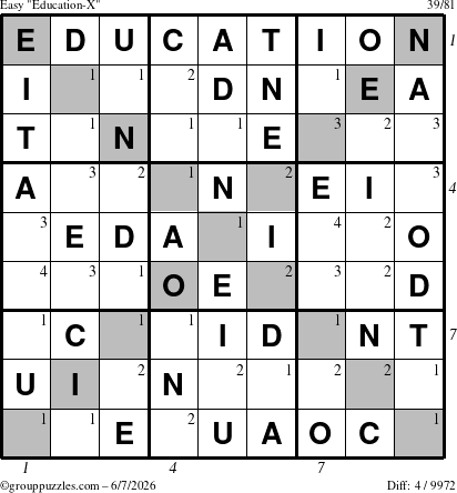 The grouppuzzles.com Easy Education-X puzzle for Sunday June 7, 2026, suitable for printing, with all 4 steps marked