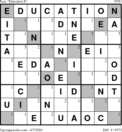 The grouppuzzles.com Easy Education-X puzzle for Sunday June 7, 2026 with the first 3 steps marked