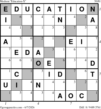 The grouppuzzles.com Medium Education-X puzzle for Sunday June 7, 2026 with all 8 steps marked
