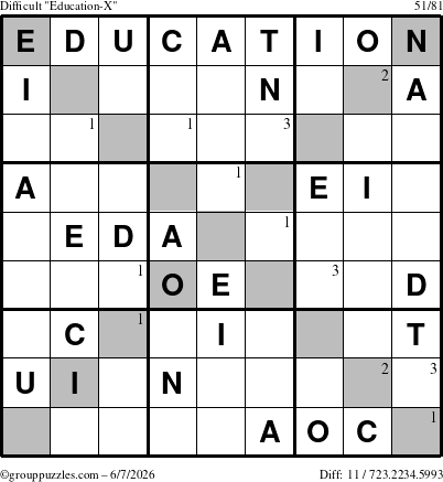 The grouppuzzles.com Difficult Education-X puzzle for Sunday June 7, 2026 with the first 3 steps marked
