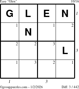The grouppuzzles.com Easy Glen puzzle for Friday January 2, 2026, suitable for printing, with all 3 steps marked