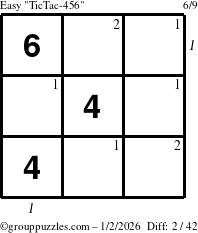 The grouppuzzles.com Easy TicTac-456 puzzle for Friday January 2, 2026 with all 2 steps marked