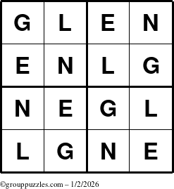The grouppuzzles.com Answer grid for the Glen puzzle for Friday January 2, 2026