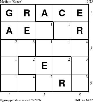 The grouppuzzles.com Medium Grace puzzle for Friday January 2, 2026 with all 4 steps marked