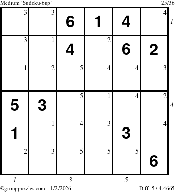 The grouppuzzles.com Medium Sudoku-6up puzzle for Friday January 2, 2026 with all 5 steps marked