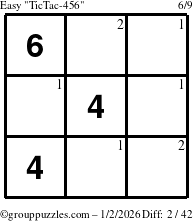 The grouppuzzles.com Easy TicTac-456 puzzle for Friday January 2, 2026 with the first 2 steps marked