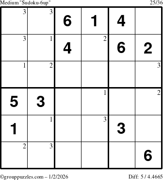 The grouppuzzles.com Medium Sudoku-6up puzzle for Friday January 2, 2026 with the first 3 steps marked