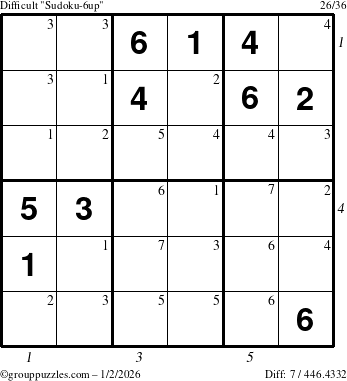 The grouppuzzles.com Difficult Sudoku-6up puzzle for Friday January 2, 2026 with all 7 steps marked
