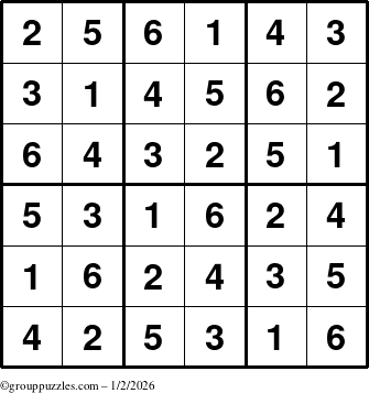 The grouppuzzles.com Answer grid for the Sudoku-6up puzzle for Friday January 2, 2026