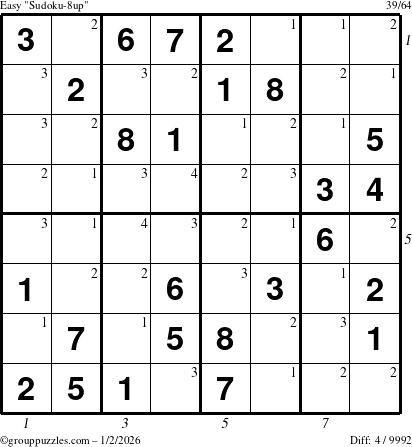 The grouppuzzles.com Easy Sudoku-8up puzzle for Friday January 2, 2026, suitable for printing, with all 4 steps marked