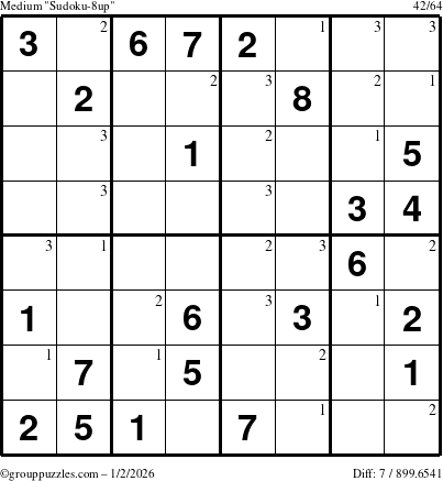 The grouppuzzles.com Medium Sudoku-8up puzzle for Friday January 2, 2026 with the first 3 steps marked