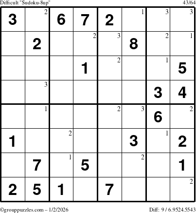 The grouppuzzles.com Difficult Sudoku-8up puzzle for Friday January 2, 2026 with the first 3 steps marked