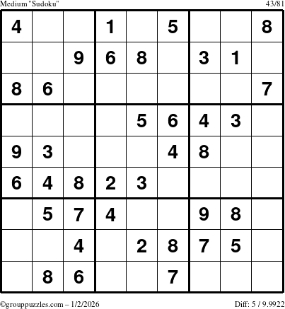 The grouppuzzles.com Medium Sudoku puzzle for Friday January 2, 2026