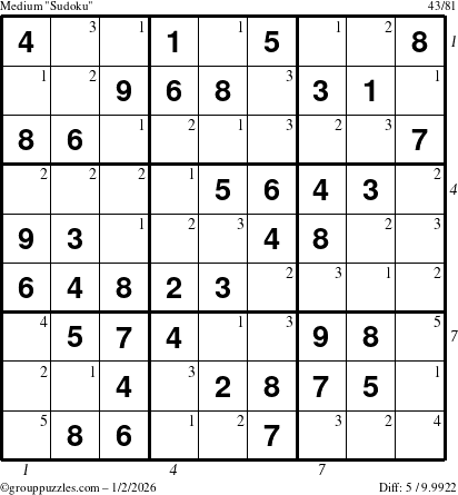 The grouppuzzles.com Medium Sudoku puzzle for Friday January 2, 2026 with all 5 steps marked