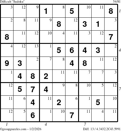 The grouppuzzles.com Difficult Sudoku puzzle for Friday January 2, 2026, suitable for printing, with all 13 steps marked
