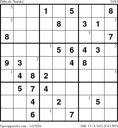 The grouppuzzles.com Difficult Sudoku puzzle for Friday January 2, 2026 with the first 3 steps marked