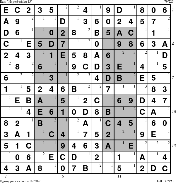 The grouppuzzles.com Easy HyperSudoku-15 puzzle for Friday January 2, 2026, suitable for printing, with all 3 steps marked