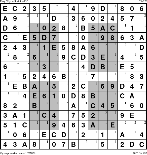 The grouppuzzles.com Easy HyperSudoku-15 puzzle for Friday January 2, 2026 with the first 3 steps marked