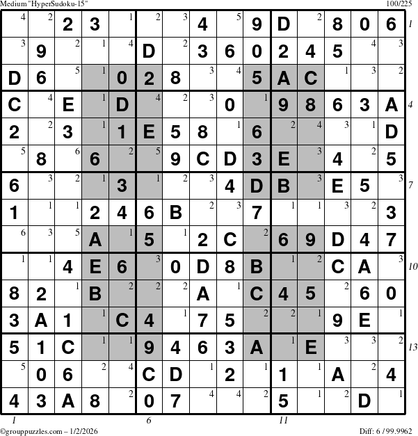 The grouppuzzles.com Medium HyperSudoku-15 puzzle for Friday January 2, 2026, suitable for printing, with all 6 steps marked