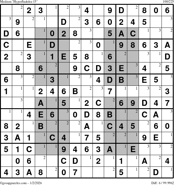 The grouppuzzles.com Medium HyperSudoku-15 puzzle for Friday January 2, 2026 with the first 3 steps marked