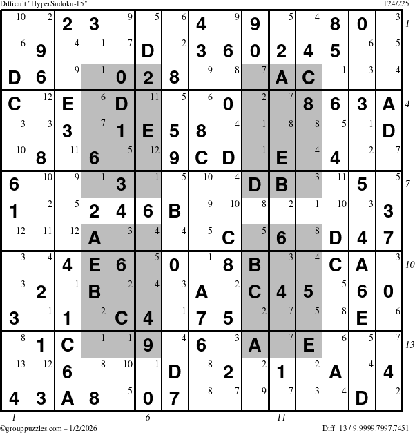The grouppuzzles.com Difficult HyperSudoku-15 puzzle for Friday January 2, 2026, suitable for printing, with all 13 steps marked