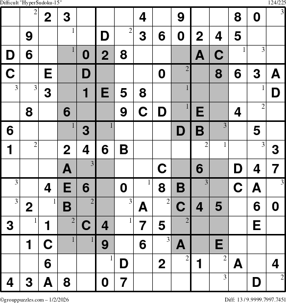 The grouppuzzles.com Difficult HyperSudoku-15 puzzle for Friday January 2, 2026 with the first 3 steps marked