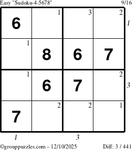 The grouppuzzles.com Easy Sudoku-4-5678 puzzle for Wednesday December 10, 2025, suitable for printing, with all 3 steps marked