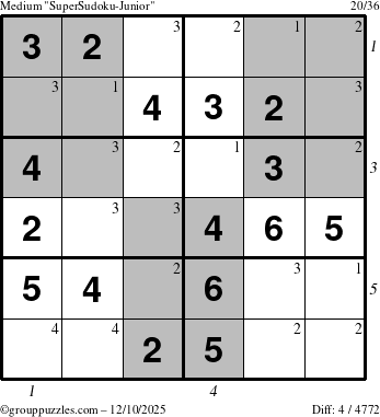 The grouppuzzles.com Medium SuperSudoku-Junior puzzle for Wednesday December 10, 2025, suitable for printing, with all 4 steps marked